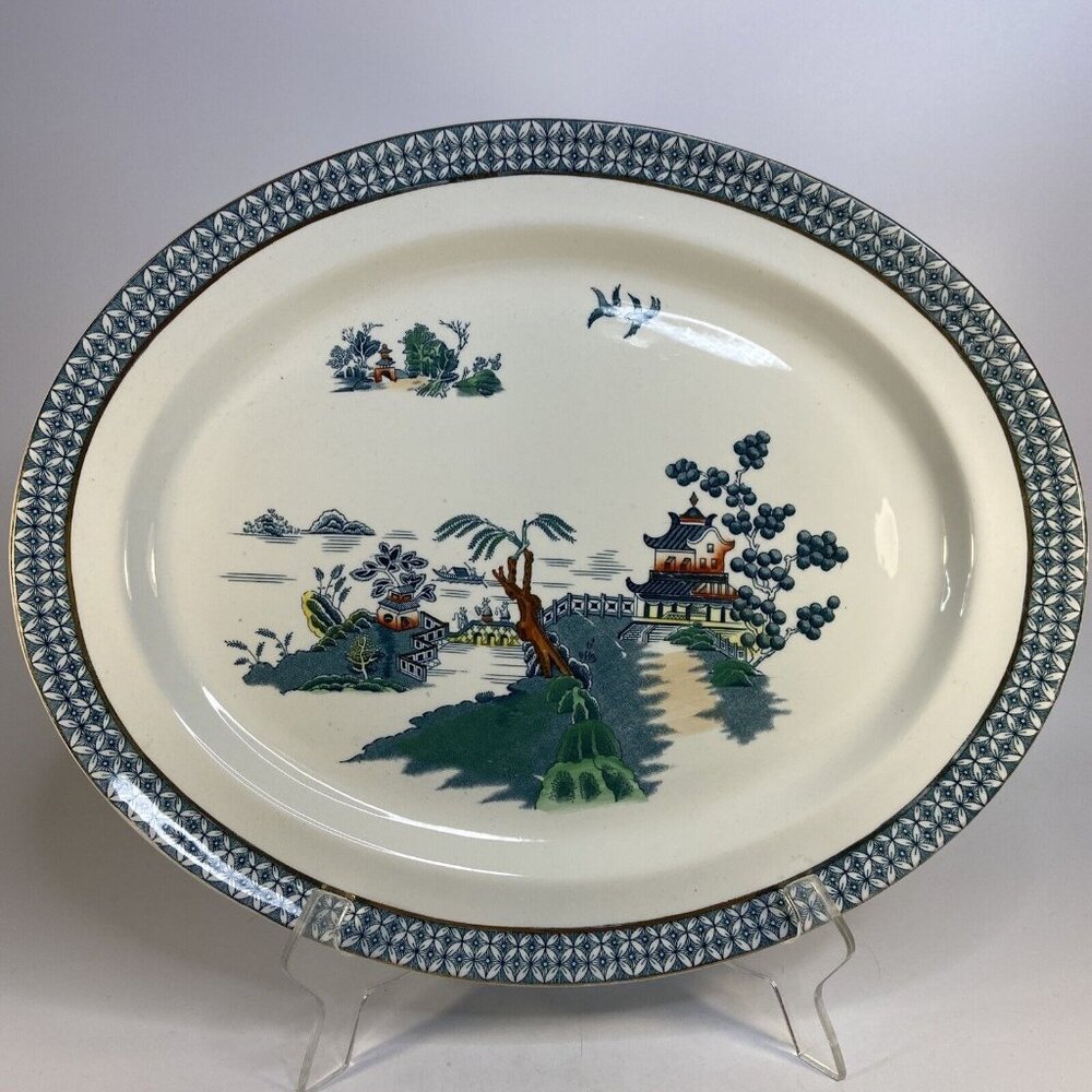 Wood & Sons Large Platter Pekin Blue Willow Gold Trim England SemiPorcelain 1907